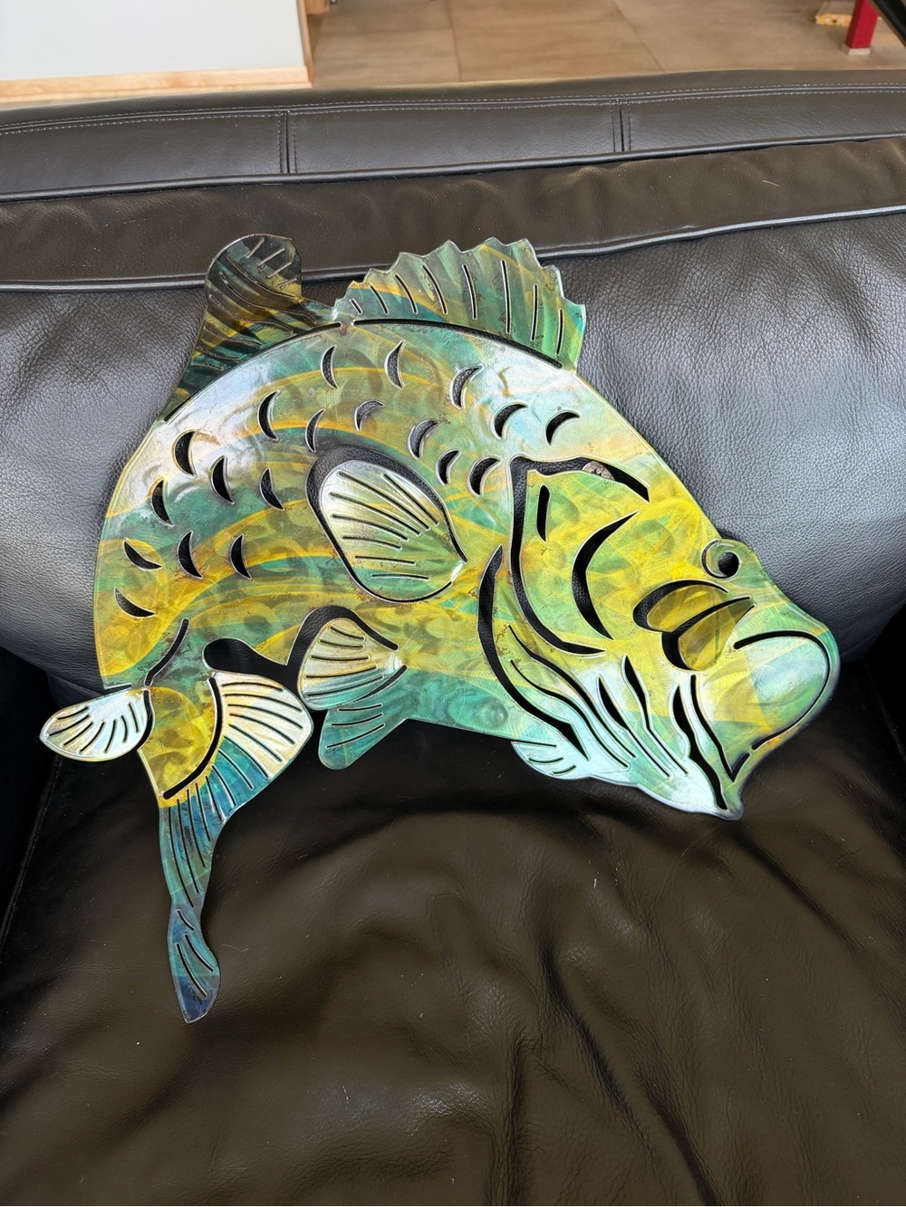 3D Cut Steel Bass Fish Wall Art - Green Yellow Metal Fish Sculpture